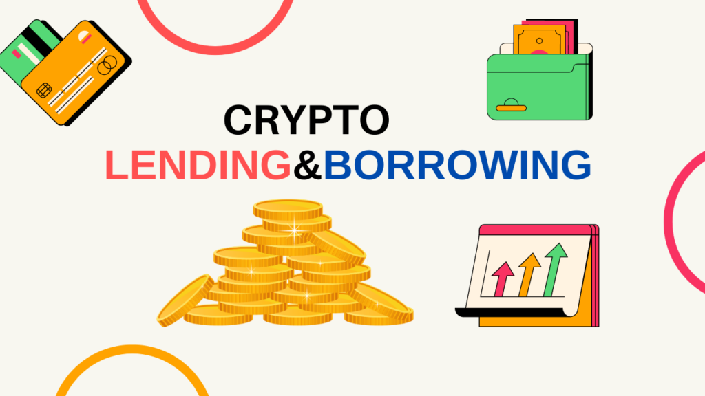 Illustration of Crypto Lending and Borrowing concept with digital assets and financial growth symbols.